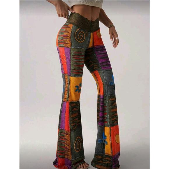 NWT Large Patchwork Print Pants Lace Waist Stretch Flares - Picture 4 of 7